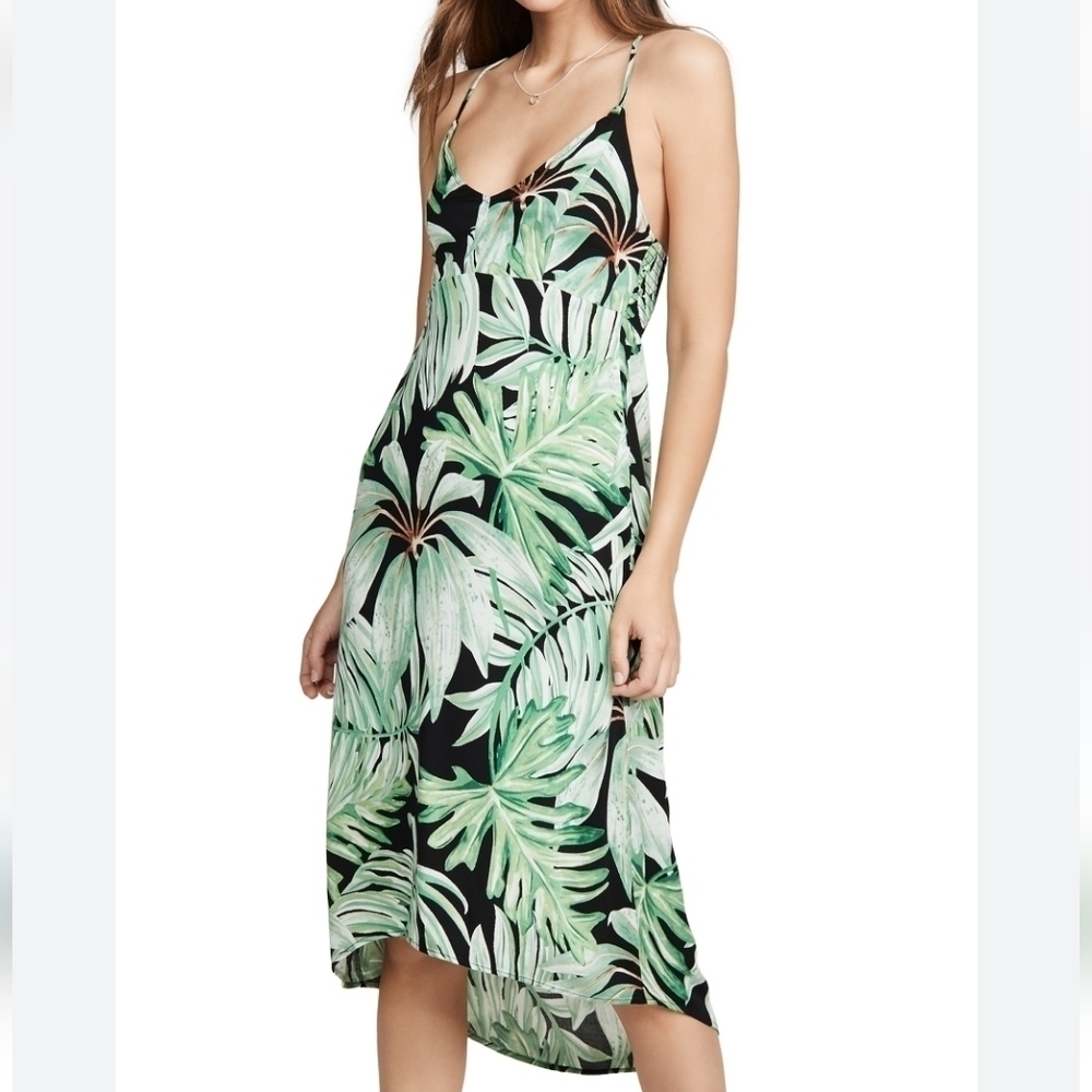 Chaser Palm Print Tropical Midi‎ Dress Green Black Size Medium